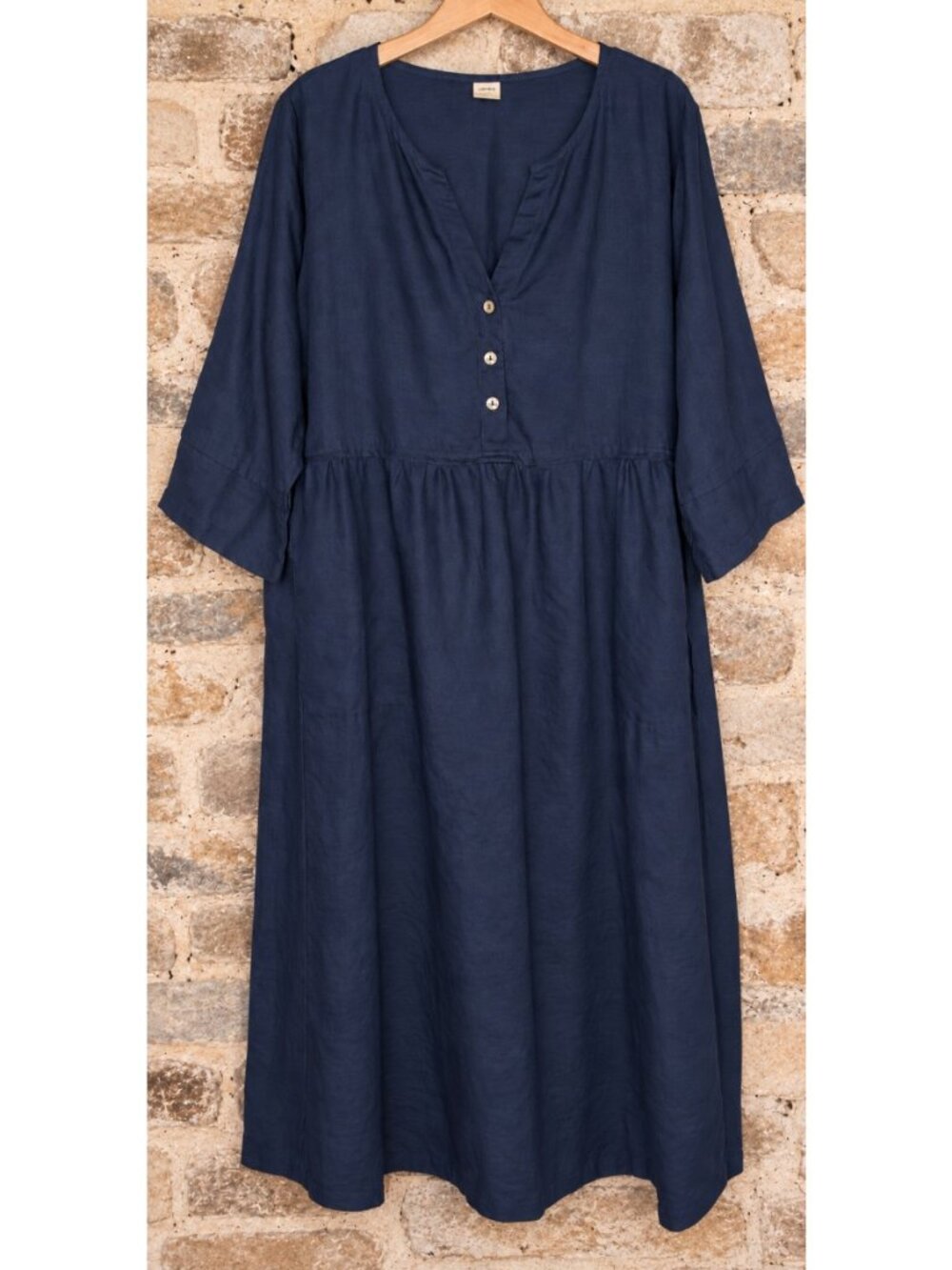 Lintico Sz XL 100% Linen Maxi Dress Long Navy Blue A-Line Pockets 3/4 Sleeve New